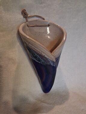 Handmade Blue and Cream Ceramic Wall Pocket Vase - Birdfeeder Decor